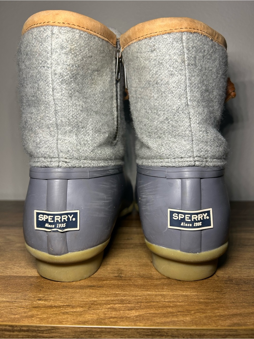 Sperry Gray Duck Boots with Tan Leather Trim - Women's Winter Rain Boots - Picture 3 of 6